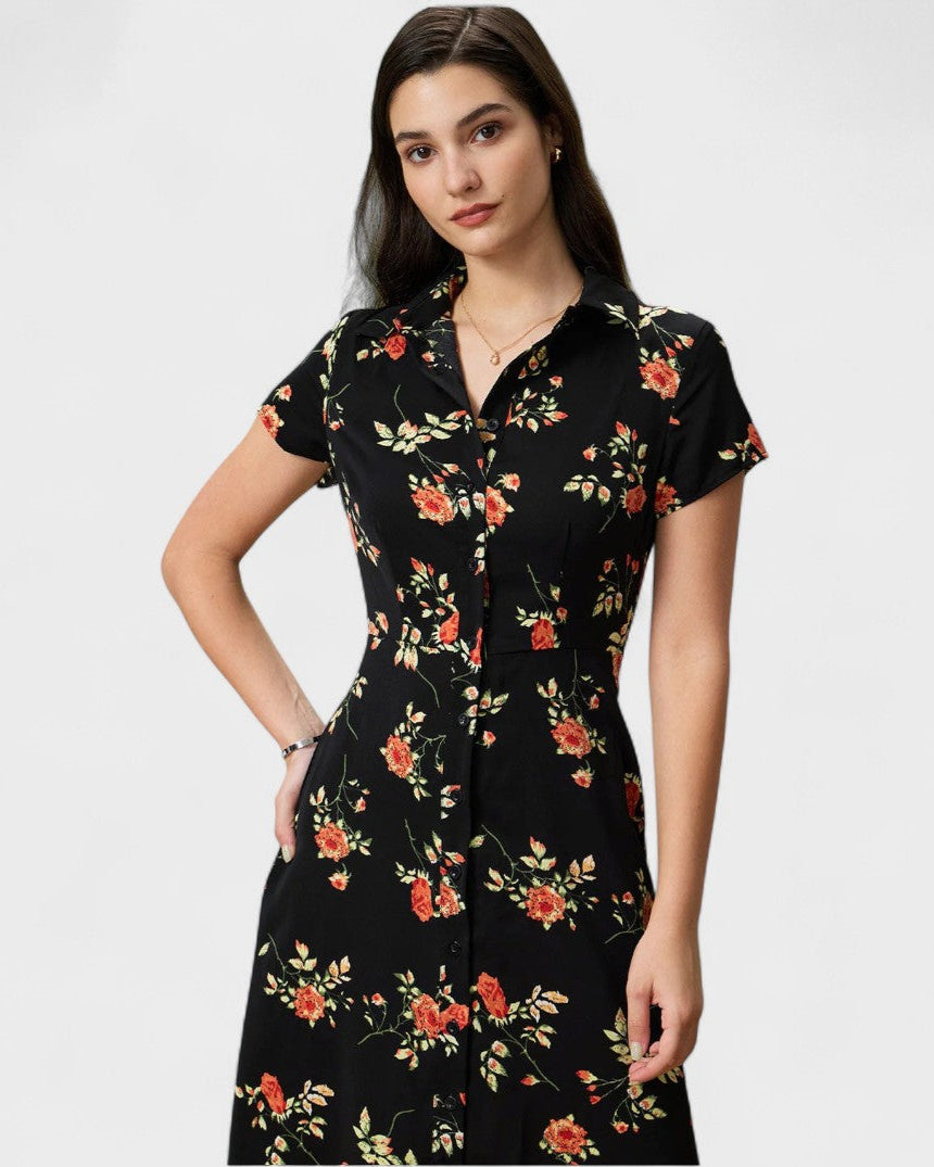 Gloria | Vestido Midi Negro Floral