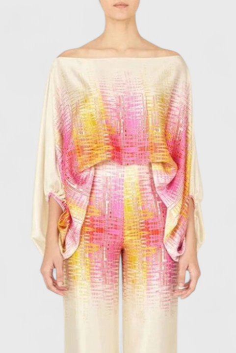 Sybella Conjunto de Dos Piezas con Hombros Descubiertos y Pantalones Amplios Estampados