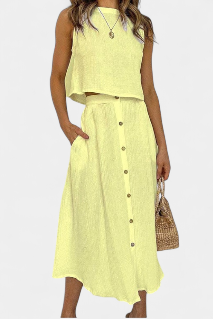 Naha Conjunto de Algodón con Chaleco y Botones Frontales