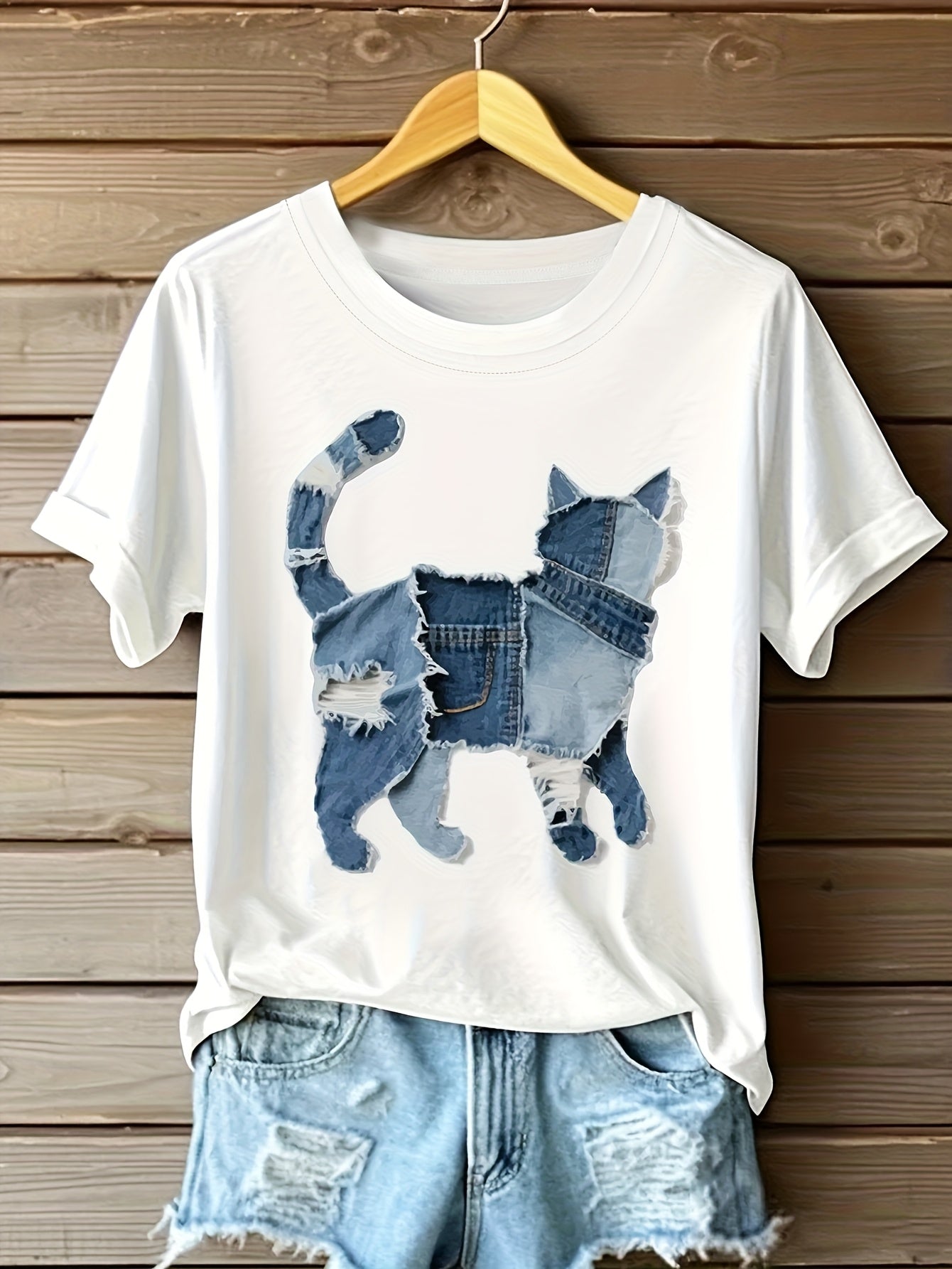 Araceli - Camiseta con Gráfico de Gato en Parchwork de Denim