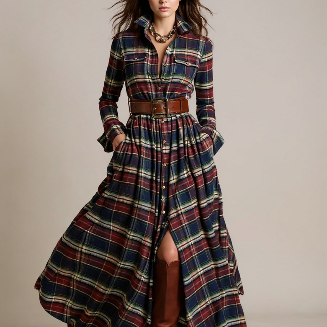 Giovanna | Vestido Maxi a Cuadros Retro con Cintura