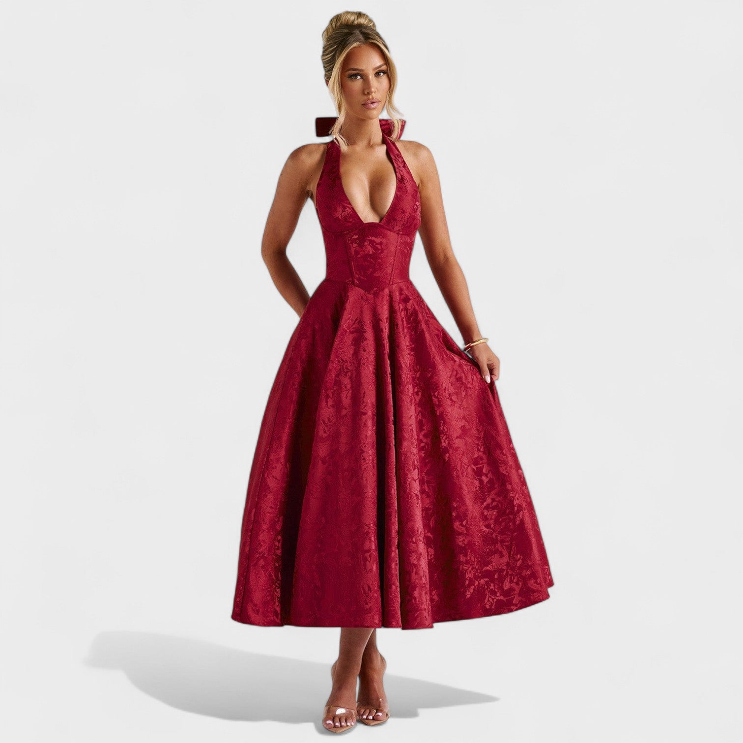 Effie -Vestido midi texturizado con escote en V