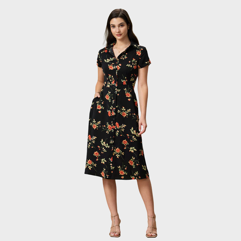 Gloria | Vestido Midi Negro Floral