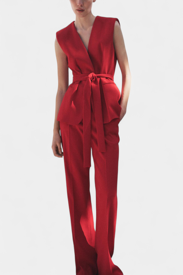 Carlen Conjunto Clásico de Chaleco con Cinturón y Pantalón de Pierna Ancha