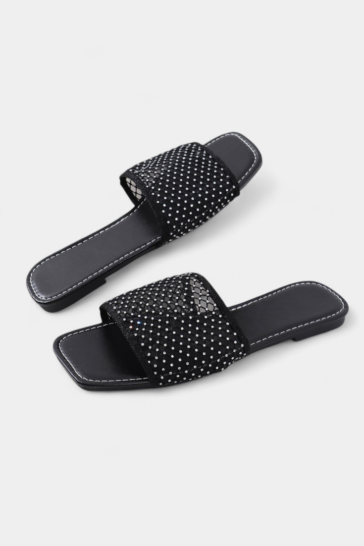 Iva Sandalias Planas de Malla con Brillos y Punta Cuadrada