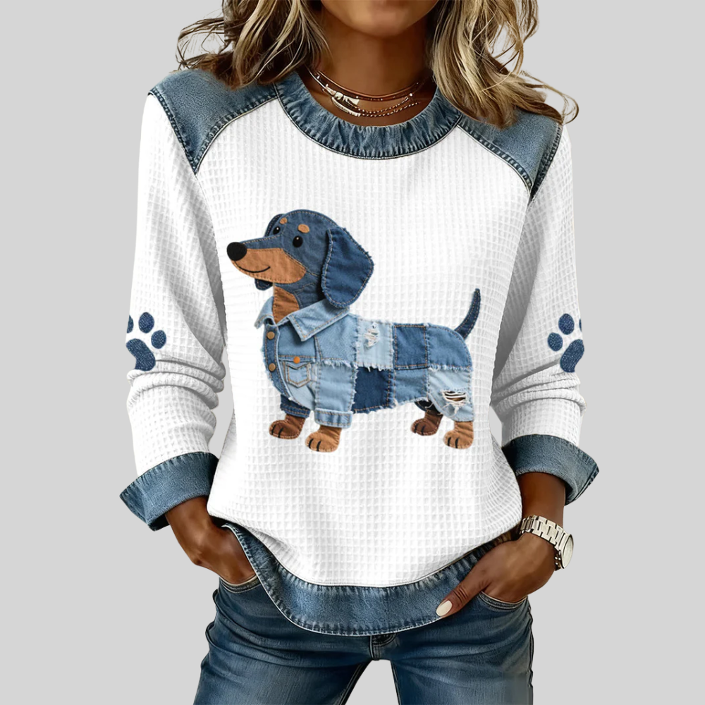 Nuria - Perro salchicha encantador con patchwork denim