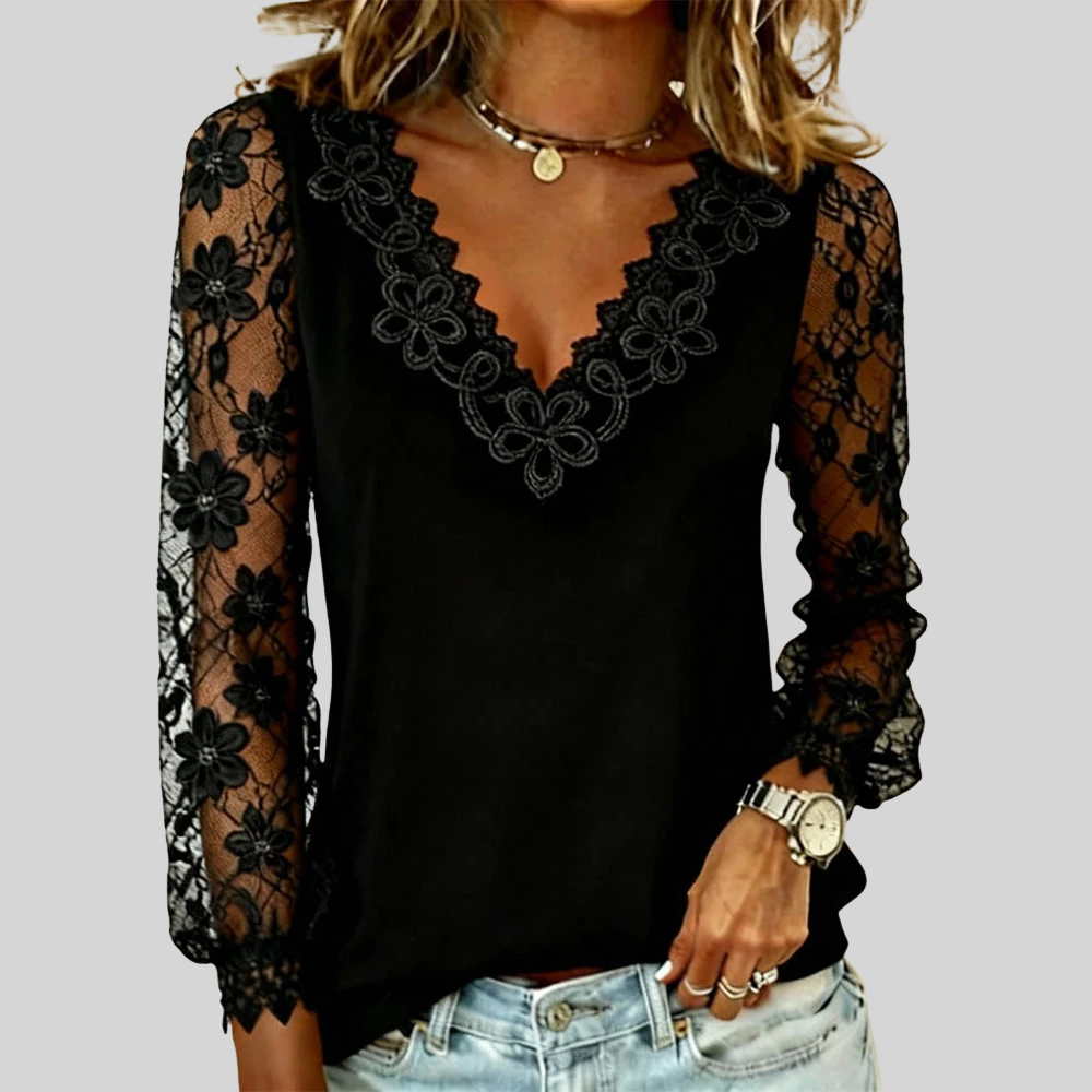 Ria - Blusa Elegante de Manga Larga con Escote en V